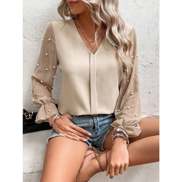 Preppy Contrast Mesh Pearl embellished Flounce Sleeve V Neck Blouse - Picture 3 of 6